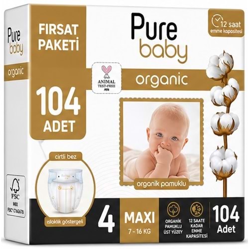 Pure Baby Organik Bebek Bezi 4 Beden 7-16 KG Maxi 104 Adet Ekonomik Fırsat Pk