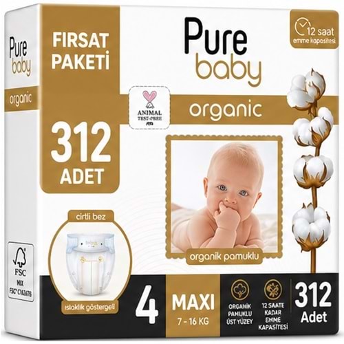 Pure Baby Organik Bebek Bezi 4 Beden 7-16 KG Maxi 312 Adet Ekstra Fırsat Pk