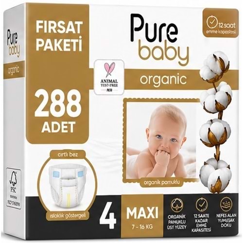 Pure Baby Organik Bebek Bezi 4 Beden 7-16 KG Maxi 288 Adet Ekstra Fırsat Pk