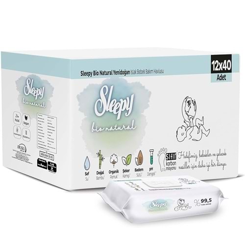 Sleepy Islak Havlu Mendil Bio Natural 40 Yaprak Yeni Doğan (12 Li Set) Plastik Kapaklı 480 Yaprak