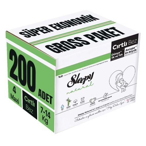 Sleepy Bebek Bezi Natural 4 Beden 7-14 KG Maxi 200 Adet Süper Ekonomik Gross Pk