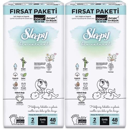 Sleepy Bebek Bezi Bio Natural 2 Beden 3-6 KG Mini 96 Adet Ekonomik Fırsat Pk
