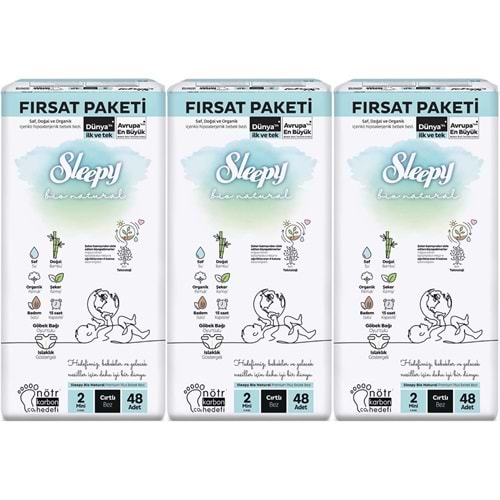 Sleepy Bebek Bezi Bio Natural 2 Beden 3-6 KG Mini 144 Adet Aylık Fırsat Pk