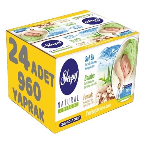 Sleepy Islak Havlu Mendil Pamuklu Yenidoğan Natural Bambu 40 Yaprak 24 Lü Set (960 Yaprak)