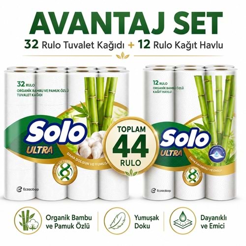 Solo Avantaj Set Ultra Kağıt Havlu 12 Li Rulo + 32 Rulo Tuvalet Kağıdı Organik Bambu ve Pamuk Özlü