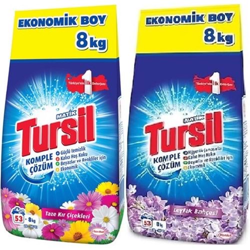 Tursil Matik Toz Çamaşır Deterjanı 8+8:16KG Taze Kır Çiçekleri + Leylak Bahçesi Beyaz ve Renkli