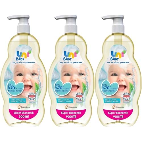 Uni Baby Bebek Saç ve Vücut Şampuanı 900ML Klasik (Pompalı) (3 Lü Set)
