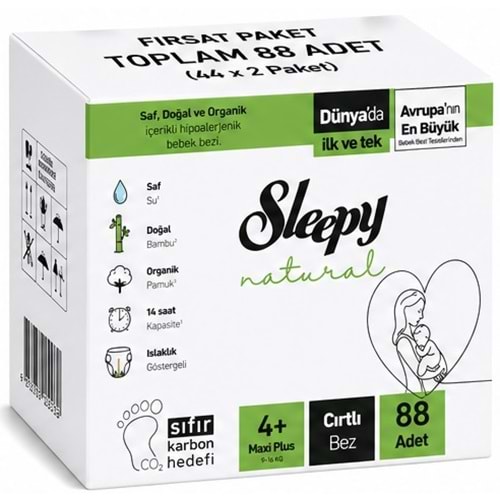 Sleepy Bebek Bezi Natural 4+ Beden (9-16 KG) Maxi Plus 88 Adet Ekonomik Fırsat Pk